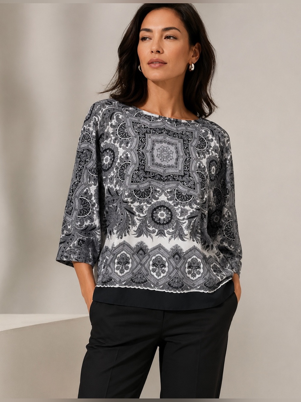 Willi Smith Women’s Paisley Print 3/4 Sleeve Blouse Top Black White Size Large